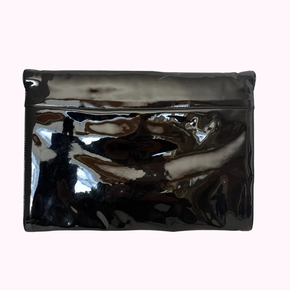 Black Patent Vinyl Envelope Clutch Gold Chain Vintage